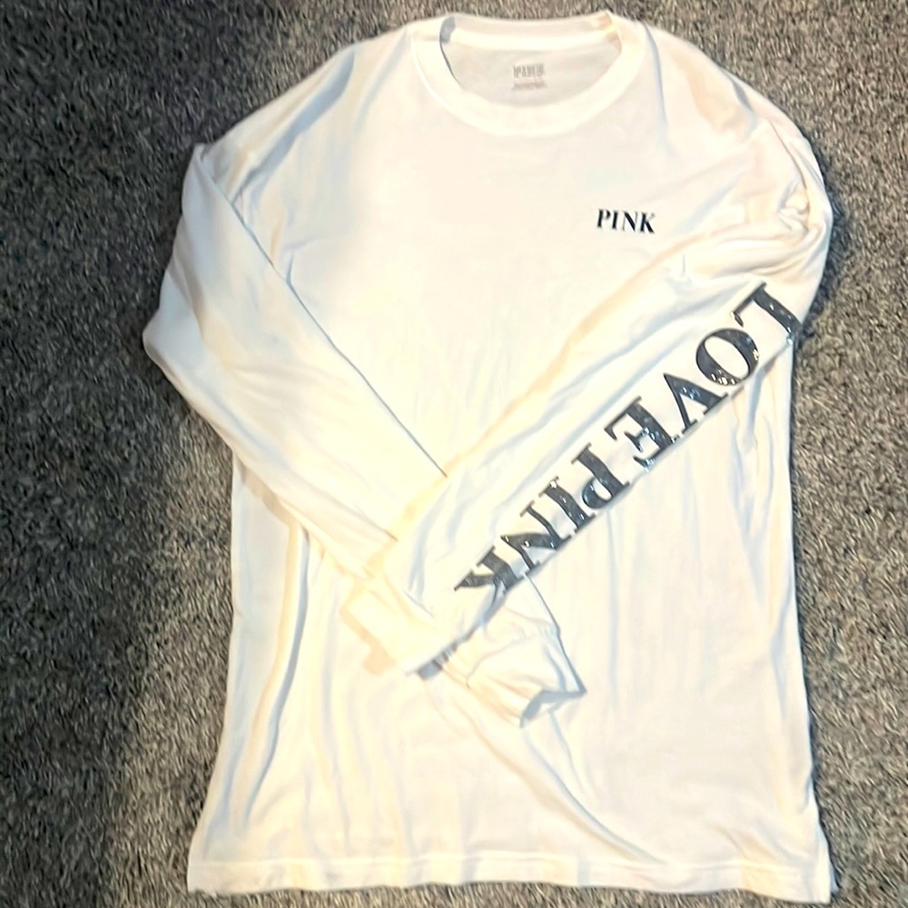 PINK, white long sleeve tee, size xs.
